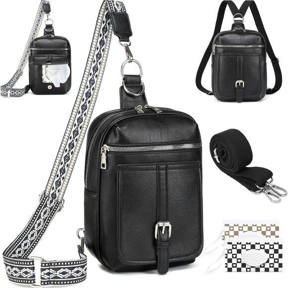 Sling Bag Crossbody Backpack - 2 in 1 Leather Cross Body Bag Fanny Pack with 2 R - Picture 1 of 9